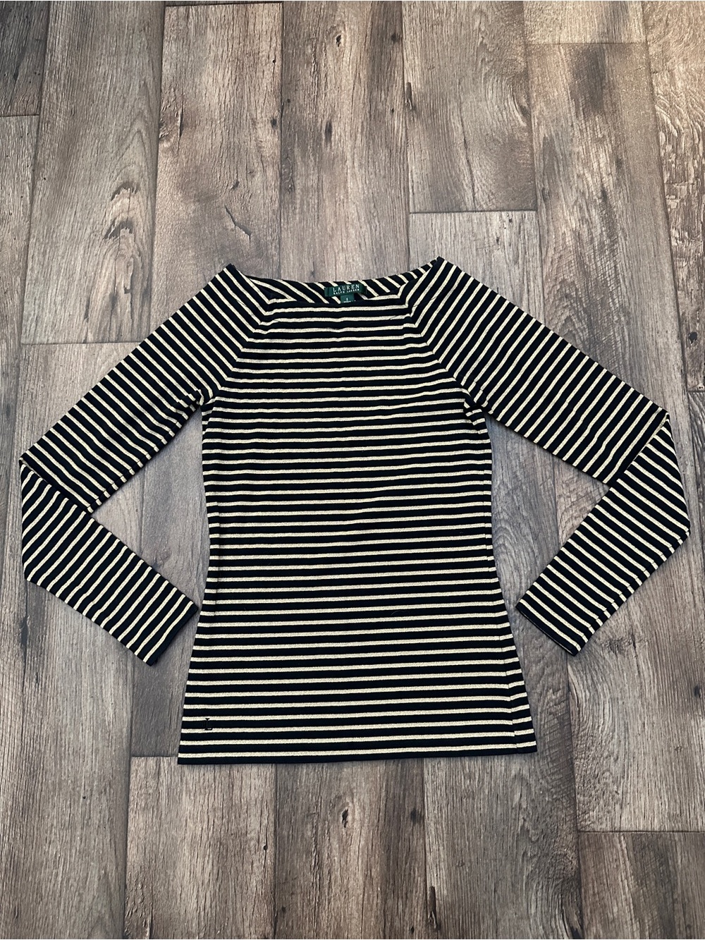 Lauren Ralph Lauren Striped Top Sweater Women’s Size S Black Gold Shimmery